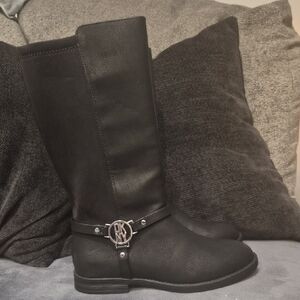 DKNY Black Girls' Tall Logo Harness Boots